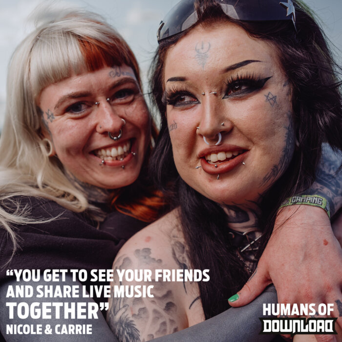 Download fans Nicole & Carrie  striking a pose with caption text: 'You get to see your friends and share live music together.' - Nicole & Carrie - Humans of Download