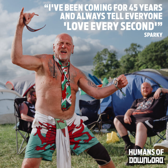 Download fan Sparky striking a pose with caption text: 'I've been coming for 45 years and always tell everyone 