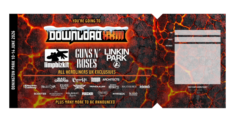 Download printable gift token featuring logos of Limp Bizkit, Guns N' Roses and Linkin Park, who are all billed as UK exclusives. Logos are also listed for Bad Omens, Cypress Hill, Trivium, Architects, Electric Callboy, Halestorm, Ice Nine Kills, BABYMETAL, Pendulum, The Pretty Reckless, Black Veil Brides, Behemoth, SCOOTER, Mastodon, The All-American Rejects, Feeder, Cavalera, Static-X and Blood Incantation.