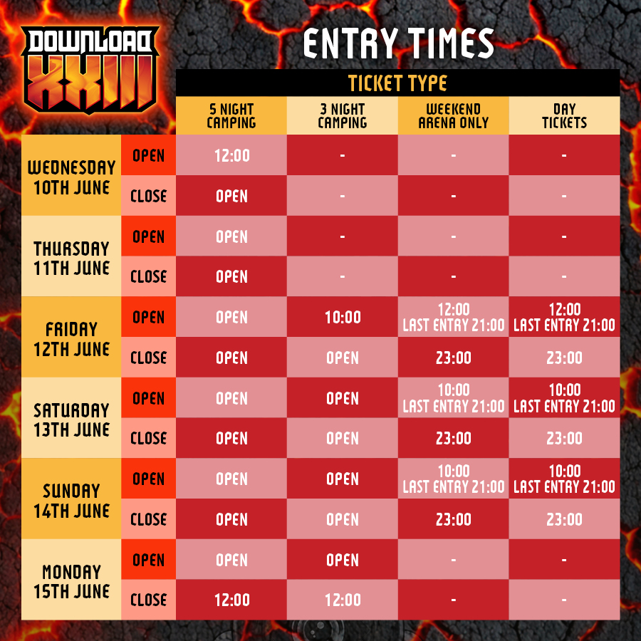 Download Festival XXIII entry times table showing opening and closing times by ticket type and day. For 5 Night Camping, entry begins at midday on Wednesday 10th June and remains open until closing at midday on Monday 15th June. For 3 Night Camping, entry begins at 10:00 on Friday 12th June and remains open until closing at midday on Monday 15th June. For Weekend Arena Only tickets, entry begins at midday on Friday 12th June (last entry 21:00), then 10:00–23:00 on Saturday 13th June (last entry 21:00), and 10:00–23:00 on Sunday 14th June (last entry 21:00). For Day Tickets, entry is from midday–23:00 on Friday 12th June (last entry 21:00), and 10:00–23:00 on both Saturday 13th June and Sunday 14th June (last entry 21:00).