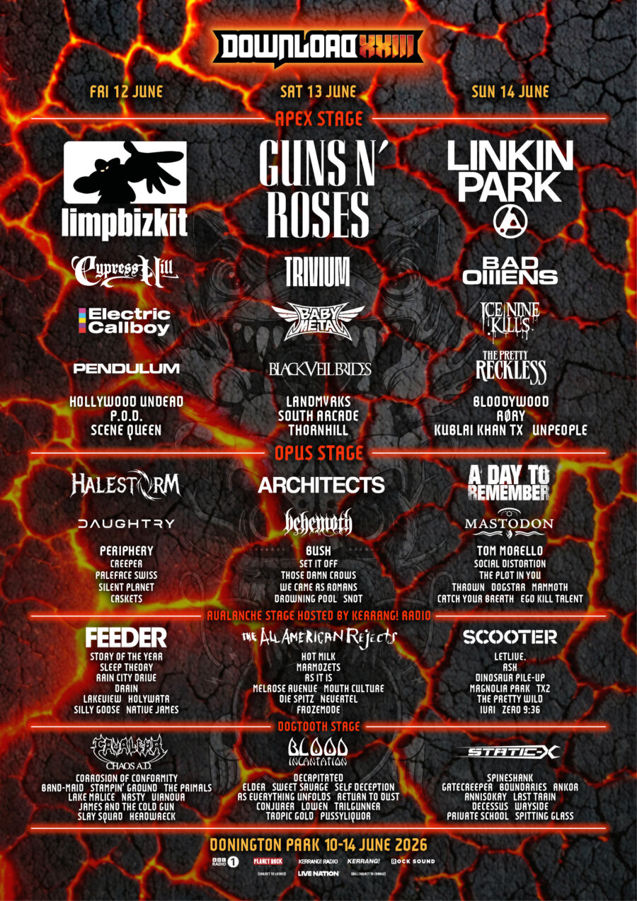 Download line-up poster showing who is playing the 2026 event.

On Friday 12th June on the Apex Stage, logos are listed for Limp Bizkit, Cypress Hill, Electric Callboy and Pendulum. Also listed are Hollywood Undead, P.O.D. and Scene Queen. On Saturday 13th June, logos are listed for Guns N’ Roses, Trivium, BABYMETAL and Black Veil Brides. Also listed are LANDMVRKS, South Arcade and Thornhill. On Sunday 14th June, logos are listed for Linkin Park, Bad Omens, Ice Nine Kills and The Pretty Reckless. Also listed are Bloodywood, RØRY, Kublai Khan TX and unpeople.

On Friday 12th June on the Opus Stage, logos are listed for Halestorm and Daughtry. Also listed are Periphery, Creeper, Paleface Swiss, Silent Planet and Caskets. On Saturday 13th June, logos are listed for Architects and Behemoth. Also listed are Bush, Set It Off, Those Damn Crows, We Came As Romans, Drowning Pool and Snot. On Sunday 14th June, logos are listed for A Day To Remember, Mastodon, Tom Morello, Social Distortion, The Plot In You, thrown, Dogstar, Mammoth, Catch Your Breath and Ego Kill Talent.

On Friday 12th June on the Avalanche Stage hosted by Kerrang! Radio, logos are listed for Feeder. Also listed are Story of the Year, Sleep Theory, Rain City Drive, Drain, Lakeview, Holywatr, Silly Goose and Native James. On Saturday 13th June, logos are listed for The All-American Rejects. Also listed are Hot Milk, Marmozets, AS IT IS, Melrose Avenue, Mouth Culture, Die Spitz, Nevertel and Frozemode. On Sunday 14th June, logos are listed for SCOOTER. Also listed are letlive., Ash, Dinosaur Pile-Up, Magnolia Park, TX2, Sweet Pill, The Pretty Wild, ivri and Zero 9:36.

On Friday 12th June on the Dogtooth Stage, logos are listed for Cavalera. Also listed are Corrosion of Conformity, BAND-MAID, Stampin' Ground, THE PRIMALS, Lake Malice, Nasty, vianova, James and the Cold Gun, Slay Squad and Headwreck. On Saturday 13th June, logos are listed for Blood Incantation. Also listed are Decapitated, Elder, Sweet Savage, Return to Dust, Conjurer, Lowen, TAILGUNNER, Tropic Gold and PUSSYLIQUOR. On Sunday 14th June, logos are listed for Static-X. Also listed are Spineshank, Gatecreeper, Boundaries, ANKOR, Annisokay, Last Train, Decessus, Wayside, Private School and Spitting Glass.

View full details in the Artist A-Z. : 2026 Poster