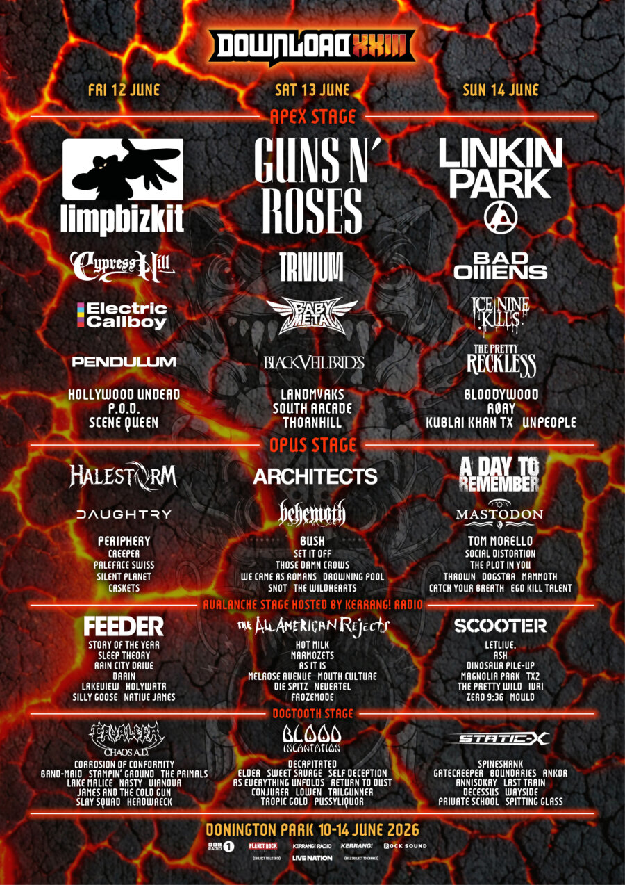 Download line-up poster showing who is playing the 2026 event.

On Friday 12th June on the Apex Stage, logos are listed for Limp Bizkit, Cypress Hill, Electric Callboy and Pendulum. Also listed are Hollywood Undead, P.O.D. and Scene Queen. On Saturday 13th June, logos are listed for Guns N’ Roses, Trivium, BABYMETAL and Black Veil Brides. Also listed are LANDMVRKS, South Arcade and Thornhill. On Sunday 14th June, logos are listed for Linkin Park, Bad Omens, Ice Nine Kills and The Pretty Reckless. Also listed are Bloodywood, RØRY, Kublai Khan TX and unpeople.

On Friday 12th June on the Opus Stage, logos are listed for Halestorm and Daughtry. Also listed are Periphery, Creeper, Paleface Swiss, Silent Planet and Caskets. On Saturday 13th June, logos are listed for Architects and Behemoth. Also listed are Bush, Set It Off, Those Damn Crows, We Came As Romans, Drowning Pool and Snot. On Sunday 14th June, logos are listed for A Day To Remember, Mastodon, Tom Morello, Social Distortion, The Plot In You, thrown, Dogstar, Mammoth, Catch Your Breath and Ego Kill Talent.

On Friday 12th June on the Avalanche Stage hosted by Kerrang! Radio, logos are listed for Feeder. Also listed are Story of the Year, Sleep Theory, Rain City Drive, Drain, Lakeview, Holywatr, Silly Goose and Native James. On Saturday 13th June, logos are listed for The All-American Rejects. Also listed are Hot Milk, Marmozets, AS IT IS, Melrose Avenue, Mouth Culture, Die Spitz, Nevertel and Frozemode. On Sunday 14th June, logos are listed for SCOOTER. Also listed are letlive., Ash, Dinosaur Pile-Up, Magnolia Park, TX2, Sweet Pill, The Pretty Wild, ivri and Zero 9:36.

On Friday 12th June on the Dogtooth Stage, logos are listed for Cavalera. Also listed are Corrosion of Conformity, BAND-MAID, Stampin' Ground, THE PRIMALS, Lake Malice, Nasty, vianova, James and the Cold Gun, Slay Squad and Headwreck. On Saturday 13th June, logos are listed for Blood Incantation. Also listed are Decapitated, Elder, Sweet Savage, Return to Dust, Conjurer, Lowen, TAILGUNNER, Tropic Gold and PUSSYLIQUOR. On Sunday 14th June, logos are listed for Static-X. Also listed are Spineshank, Gatecreeper, Boundaries, ANKOR, Annisokay, Last Train, Decessus, Wayside, Private School and Spitting Glass.

View full details in the Artist A-Z. : 2026 Poster