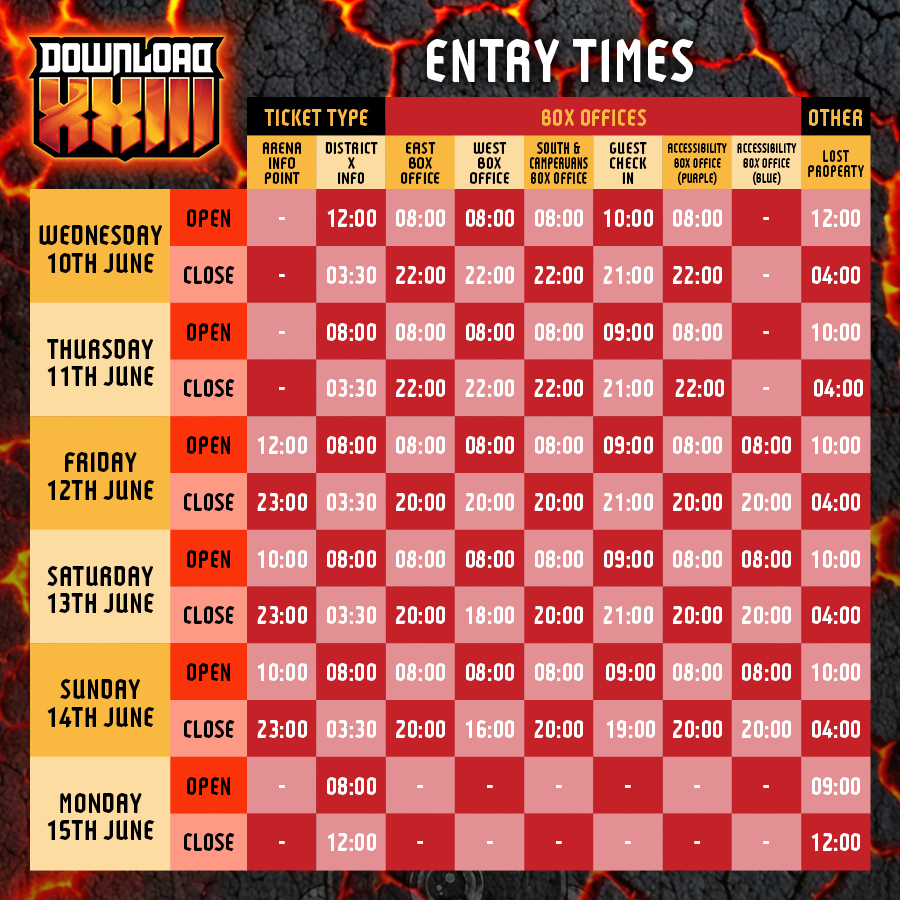 Download Festival XXIII entry times table showing opening and closing times for info points, box offices and lost property from Wednesday 10th June to Monday 15th June. Arena Info Point opens from midday-23:00 on Friday 12th June, then 10:00-23:00 on Saturday 13th June and Sunday 14th June. District X Info opens from midday-03:30 on Wednesday 10th June, then from 08:00-03:30 each day from Thursday 11th June to Sunday 14th June, and from 08:00-midday on Monday 15th June. The East and South & Campervans Box Offices are open from 08:00-22:00 on Wednesday 10th June and Thursday 11th June, and from 08:00-20:00 from Friday 12th June to Sunday 14th June. The West Box Office is open from 08:00-22:00 on Wednesday 10th June and Thursday 11th June, 08:00-20:00 on Friday 12th June, 08:00-18:00 on Saturday 13th June and 08:00-16:00 on Sunday 14th June. Guest Check-In is open from 10:00-21:00 on Wednesday 10th June, 09:00-21:00 from Thursday 11th June to Saturday 13th June and 09:00-19:00 on Sunday 14th June. Accessibility Box Office (Purple) opens at 08:00 from Wednesday 10th June to Sunday 14th June, closing at 22:00 on Wednesday and Thursday, and 20:00 from Friday to Sunday. Accessibility Box Office (Blue) is open from 08:00-20:00 from Friday to Sunday. Lost Property opens at midday on Wednesday 10th June, then 10:00 from Thursday 11th June to Sunday 14th June. It stays open until 04:00 each day, aside from Sunday when it closes at midday.