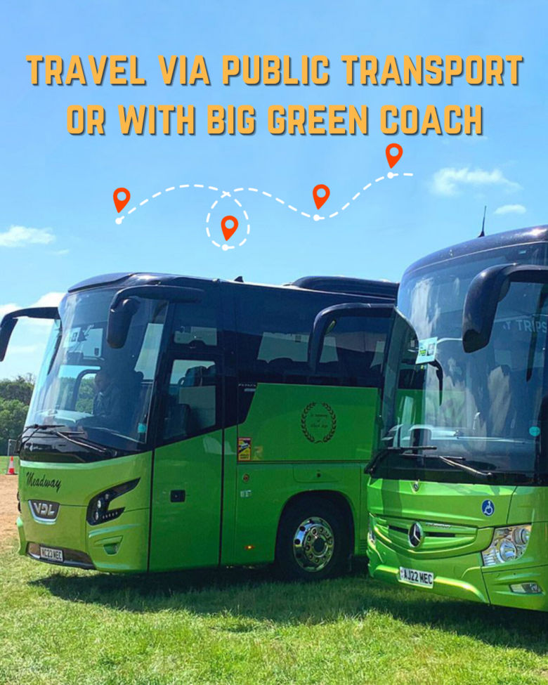 Travel via public transport or with big green coach