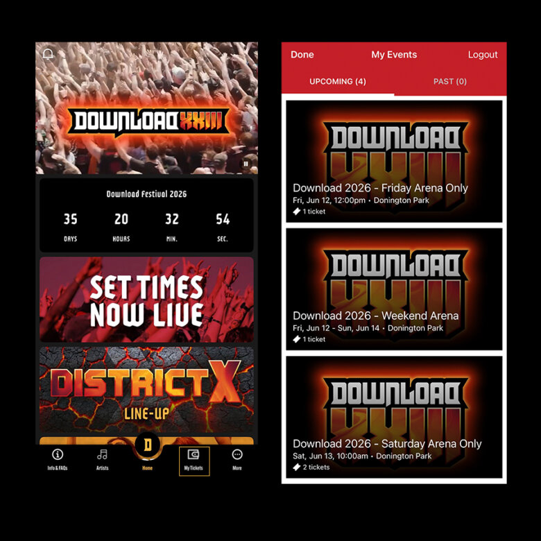 On the left: Download Festival app home screen with My Tickets section circled on menu bar. On the right: My Events section of Download Festival app showing tickets for Download Festival.