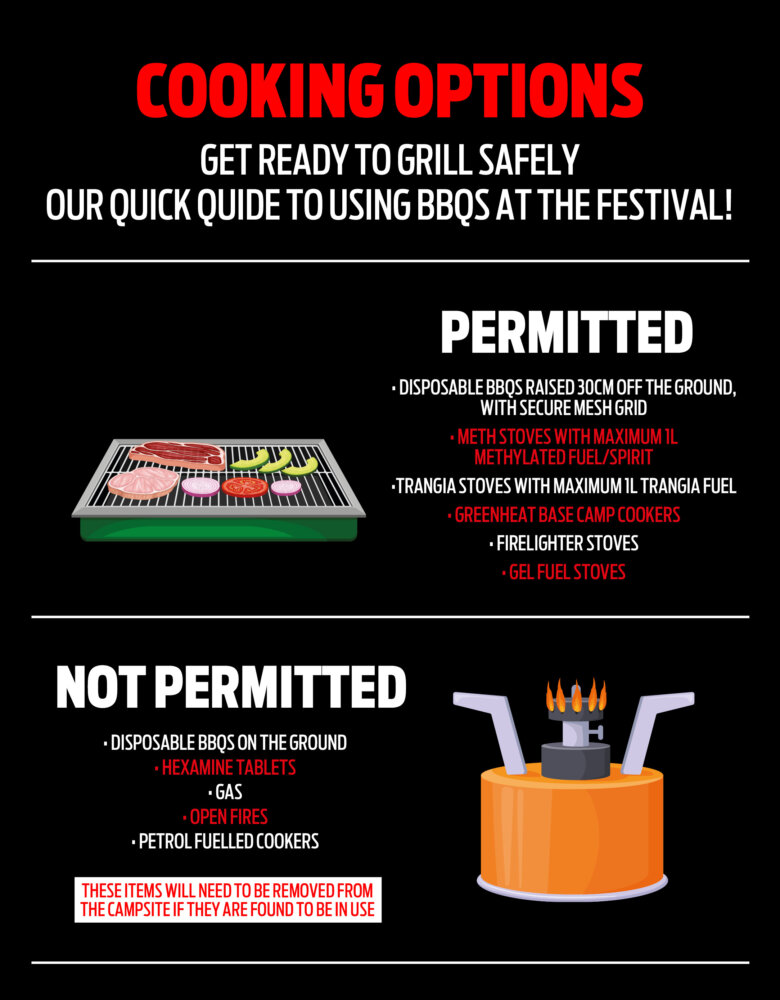 Download cooking options poster showing the permitted and not permitted items. Title: Cooking Options Subtitle: Get Ready to Grill Safely – Our Quick Guide to Using BBQs at the Festival. Permitted cooking options section with an image of a barbeque cooking food. With the below list of items permitted on site: Disposable BBQs raised 30 cm off the ground and have a secure mesh grid. Meth stoves with maximum 1 litre Methylated fuel/ spirit. Trangia stoves with maximum 1 litre Trangia fuel. Greenheat base camp cookers. Firelighter stoves. Gel fuel stoves. Not permitted cooking options section with an image of a campfire cooker. With the below list of not permitted items: Disposable BBQs placed directly on the ground. Hexamine tablets. Gas. Open fires. Petrol fuelled cookers. Important note at the bottom of the poster in red stating ‘Any prohibited items found in use will be removed from the campsite.’