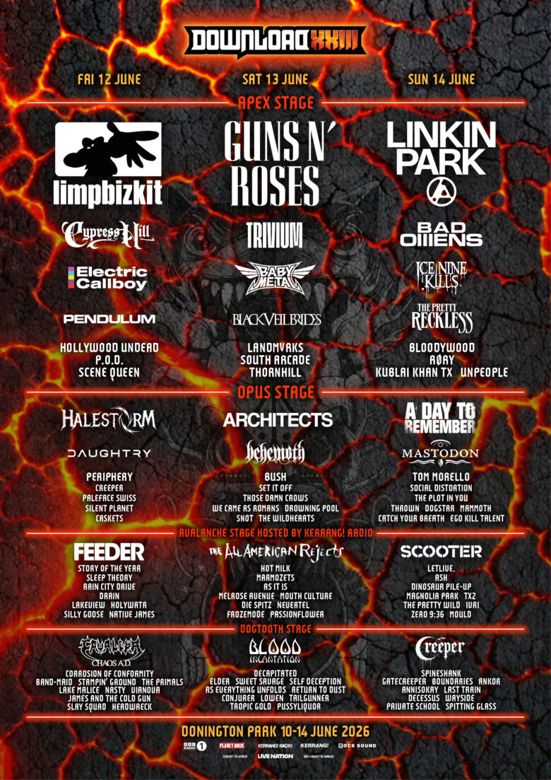 Poster artwork for Download - 2026 Download line-up poster showing who is playing the 2025 event.  