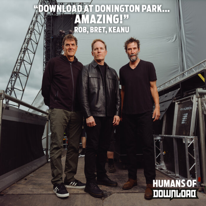 Dogstar members striking a pose with caption text: ‘Download at Donington Park... amazing!’ - Rob, Bret, Keanu - Humans of Download