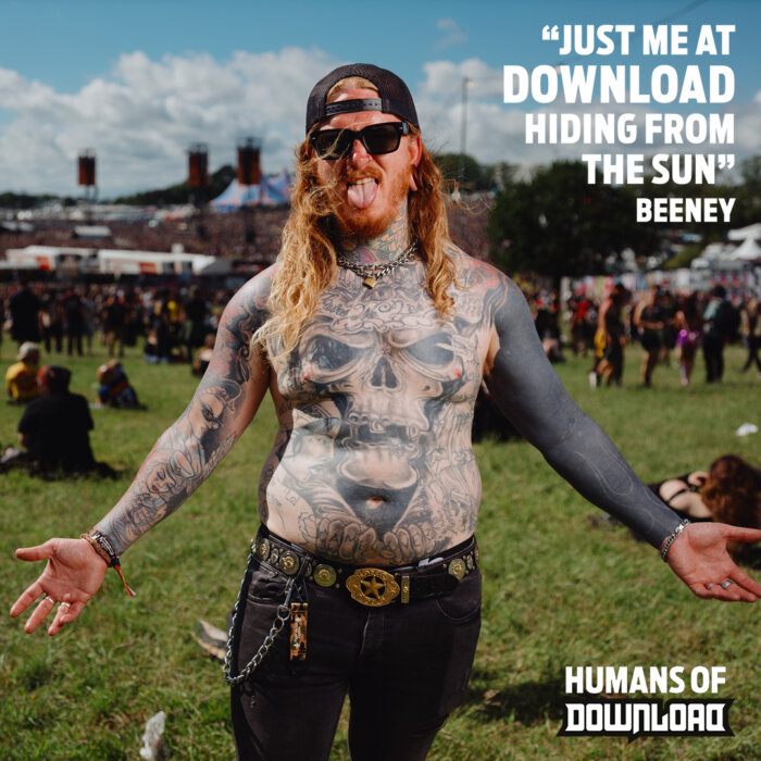 Download fan striking a pose with caption text: ‘Just me at Download hiding from the sun.’ - Beeney - Humans of Download