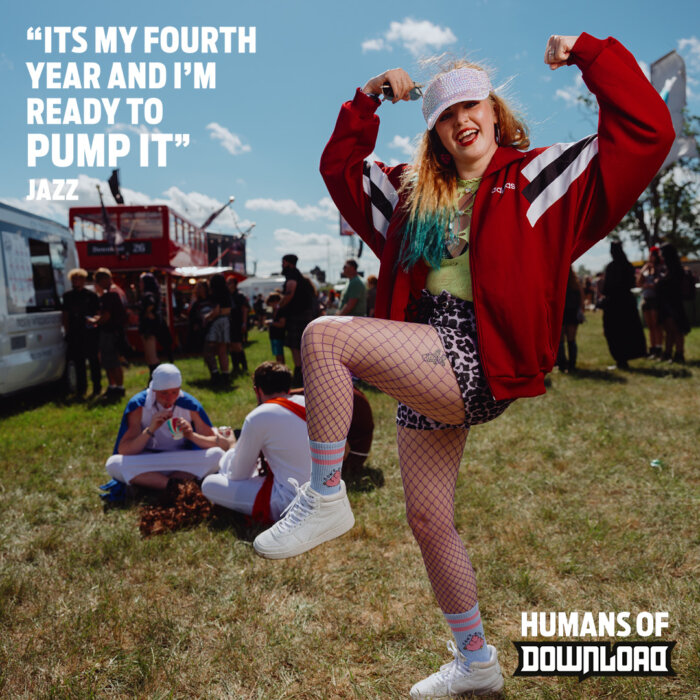 Download fan striking a pose with caption text: ‘It's my fourth year and I'm ready to pump it.’ - Jazz - Humans of Download