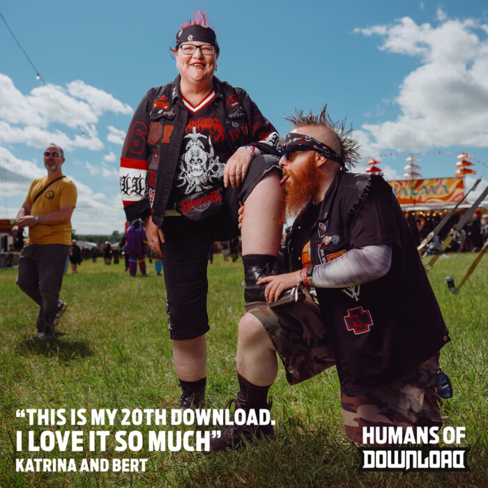 Download fans striking a pose with caption text: ‘This is my 20th Download. I love it so much.’ - Katrina and Bert - Humans of Download