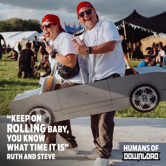 Download fans striking a pose with caption text: ‘Keep on rolling baby, you know what time it is.’ - Ruth and Steve - Humans of Download