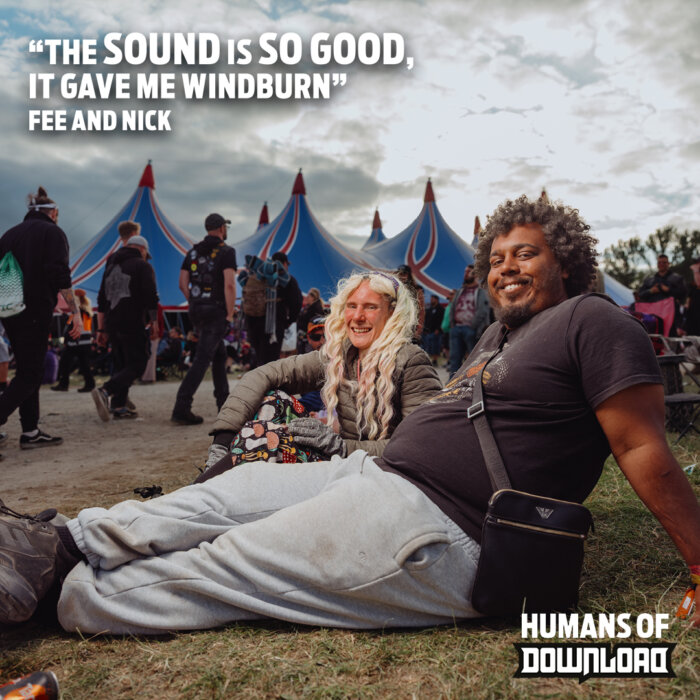 Download fans striking a pose with caption text: ‘The sound is so good, it gave me windburn.’ - Fee and Nick - Humans of Download