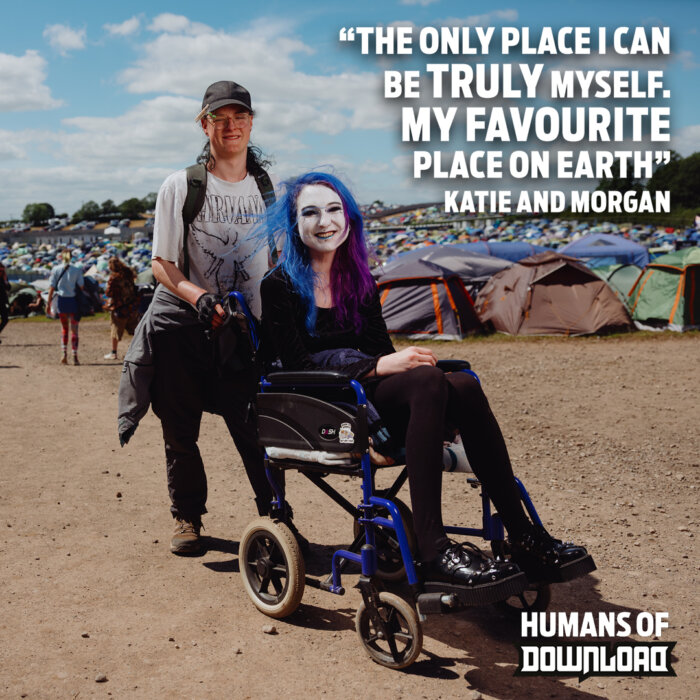 Download fans striking a pose with caption text: ‘The only place I can be truly myself. My favourite place on Earth.’ - Katie and Morgan - Humans of Download