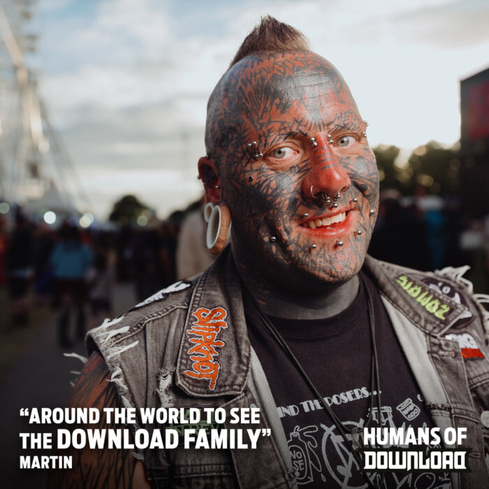 Download fan striking a pose with caption text: ‘Around the world to see the Download Family.’ - Martin - Humans of Download