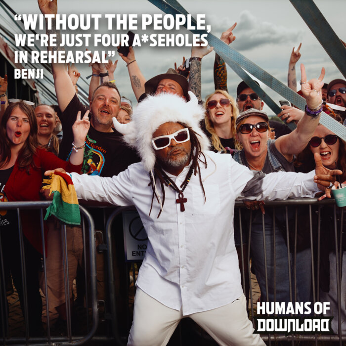 Download fans striking a pose with caption text: ‘Without the people, we're just four a*seholes in rehearsal.' - Benji - Humans of Download