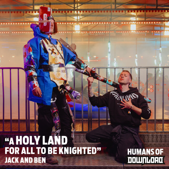 Download fans striking a pose with caption text: ‘A holy land for all to be knighted’ - Jack and Ben - Humans of Download