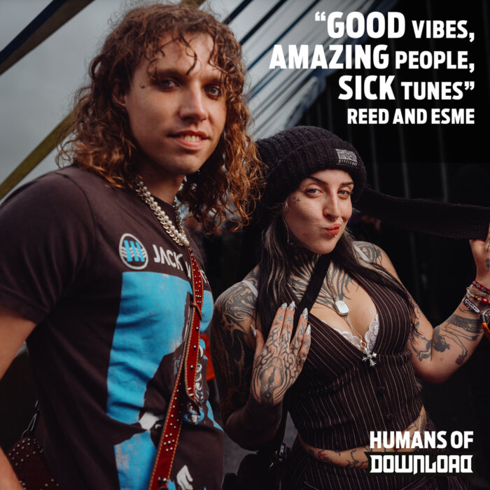 Download fans striking a pose with caption text: ‘Good vibes, amazing people, sick tunes' - Reed and Esme - Humans of Download