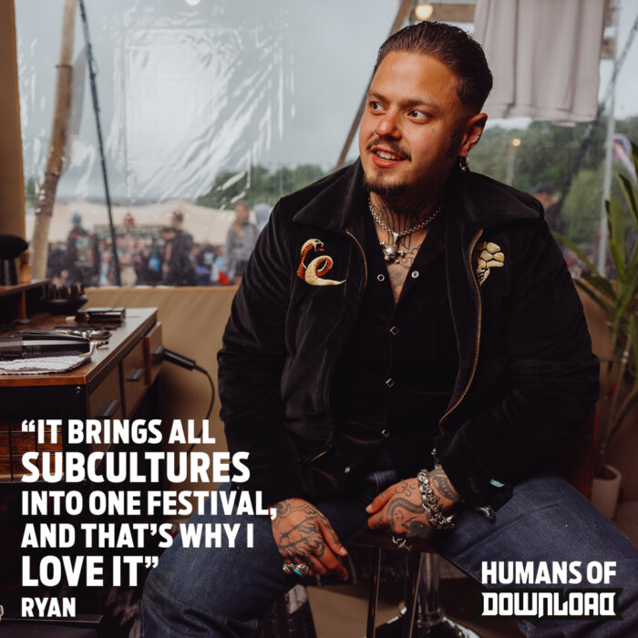 Download fan striking a pose with caption text: ‘It brings all subcultures into one festival, and that's why I love it' - Ryan - Humans of Download