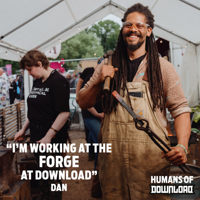 Download fan striking a pose with caption text: ‘I'm working at The Forge at Download' - Dan - Humans of Download