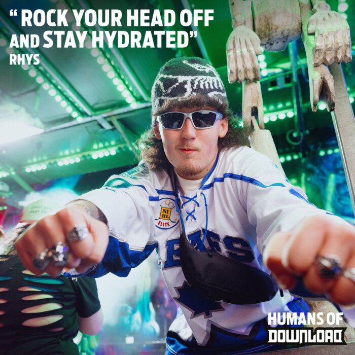 Download fan striking a pose with caption text: ‘Rock your head off and stay hydrated' - Rhys - Humans of Download